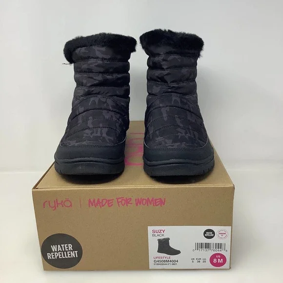 Ryka Suzy Quilted Faux Fur Pull On Booties‎ in Black Camo Size 8 New With Box - Picture 2 of 6